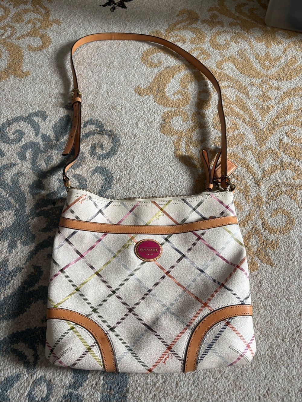 Coach Cream Multicolor Plaid Crossbody with Tan Trim